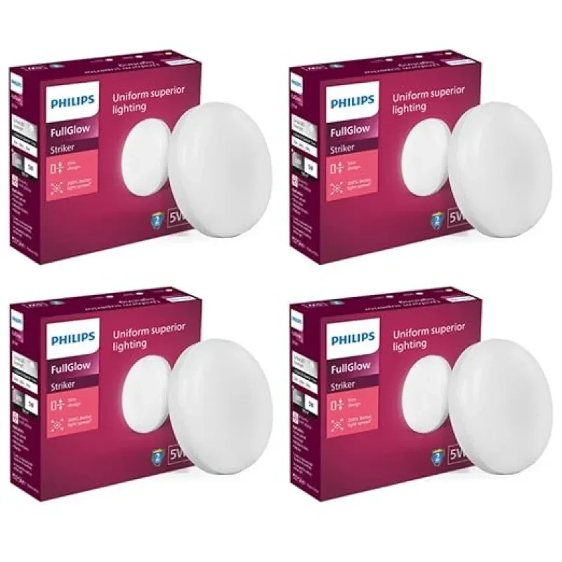 PHILIPS Rimless Full Glow 5-watt Round LED Surface Downlighter | Striker Surface Under Cabinet LED Light for Decoration | Natural White, Pack of 4