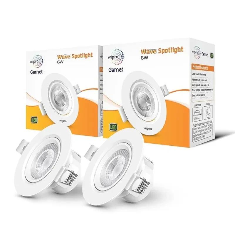 wipro Garnet 6W Round LED Wave Spotlight |COB Spotlight for Ceiling|Warm White Light (2700K) | Adjustable Design | Recessed Tiltable Downlighter for False Ceiling | Cutout - 75 mm | Pack of 2