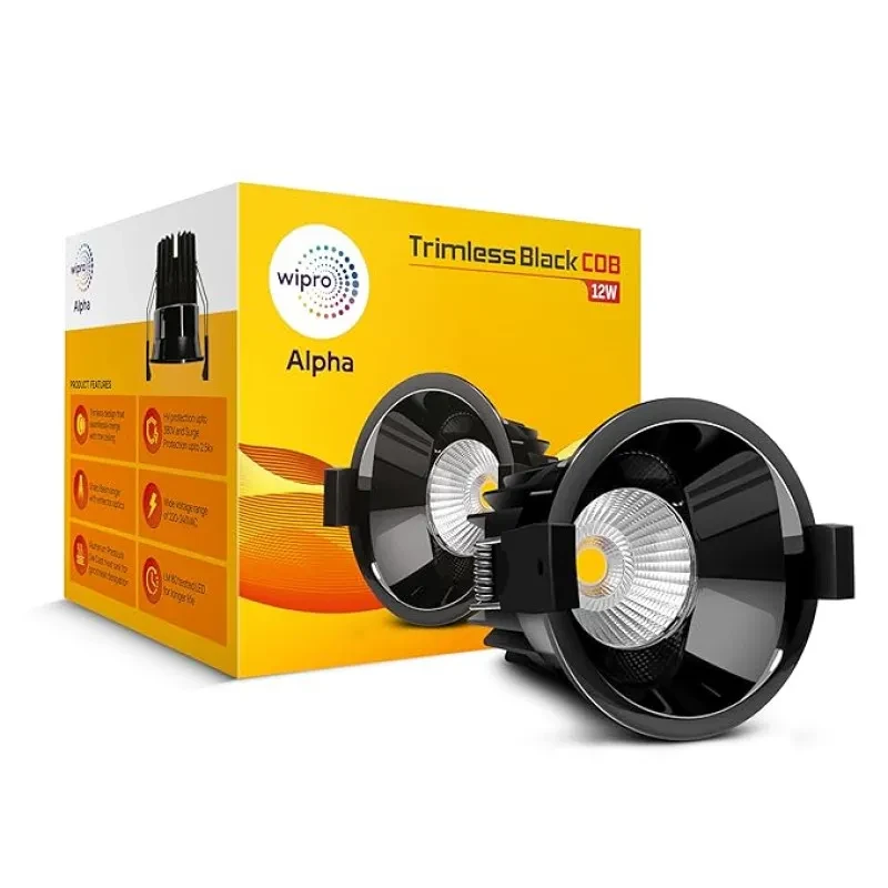 Wipro 12w Alpha Trimless Black COB | Neutral White (4000K) | Aluminium PDC Heat Sink | Sharp Beam Angle with Reflector for Home, Office and Store Cabinet Display | Pack of 1