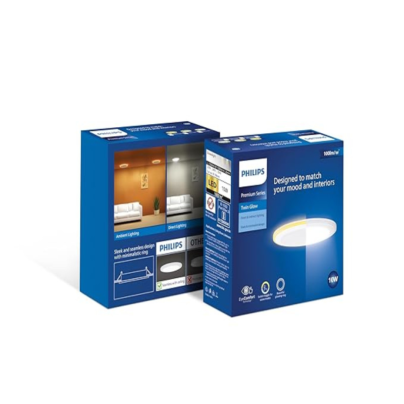 PHILIPS 10-watt Round LED Up-Down Downlighter | Twinglow 10-watt LED Downlighter for Home & Decoration | Colours : Warm White + Cool Day Light, Pack of 1