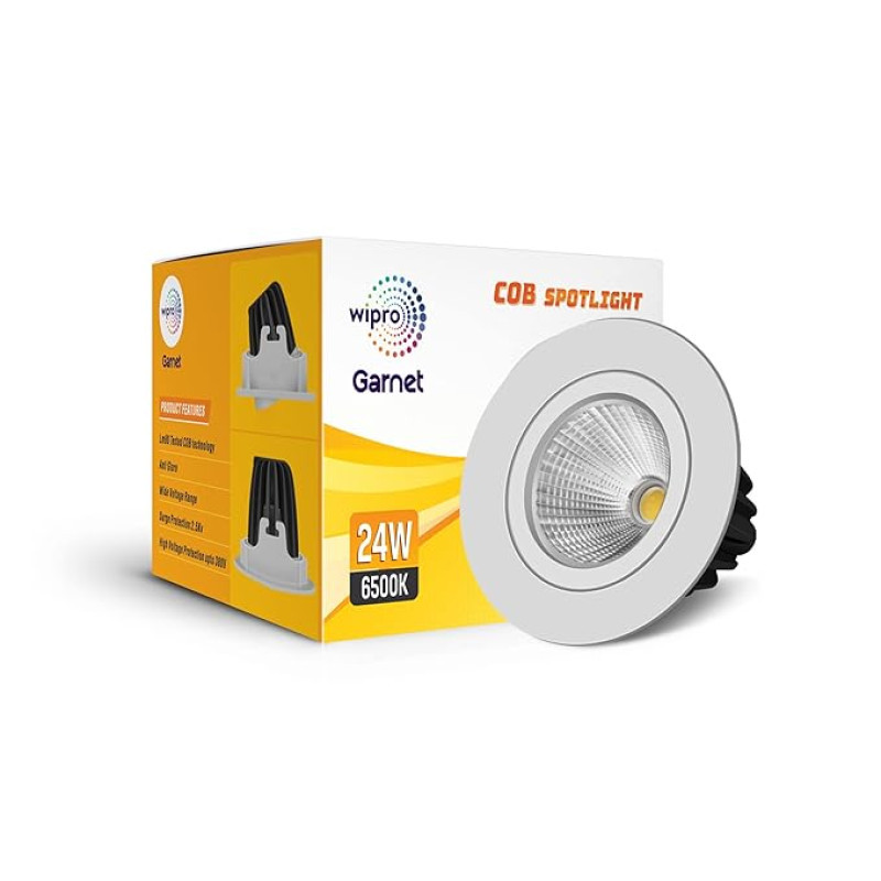 Wipro Garnet 24W LED COB Spotlight | Cool White Light (6500K) | Adjustable Design | Aluminium Housing for Efficient Performance | Recessed Tiltable Down Light for False Ceiling | Pack of 1