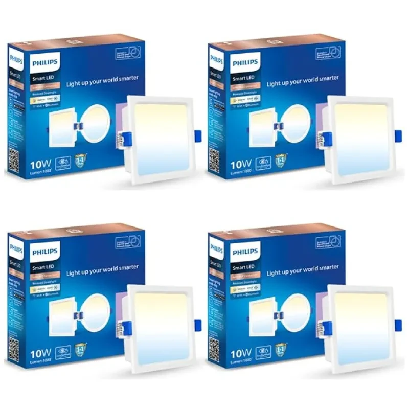 PHILIPS 10W Square Wi-Fi Smart LED Ceiling Light for Home with Music Sync Function | Amazon Alexa & Google Assistant Compatible | Cut Out: 4.17 inch | Tunable White, Pack of 4 (Wiz Prime Neo)