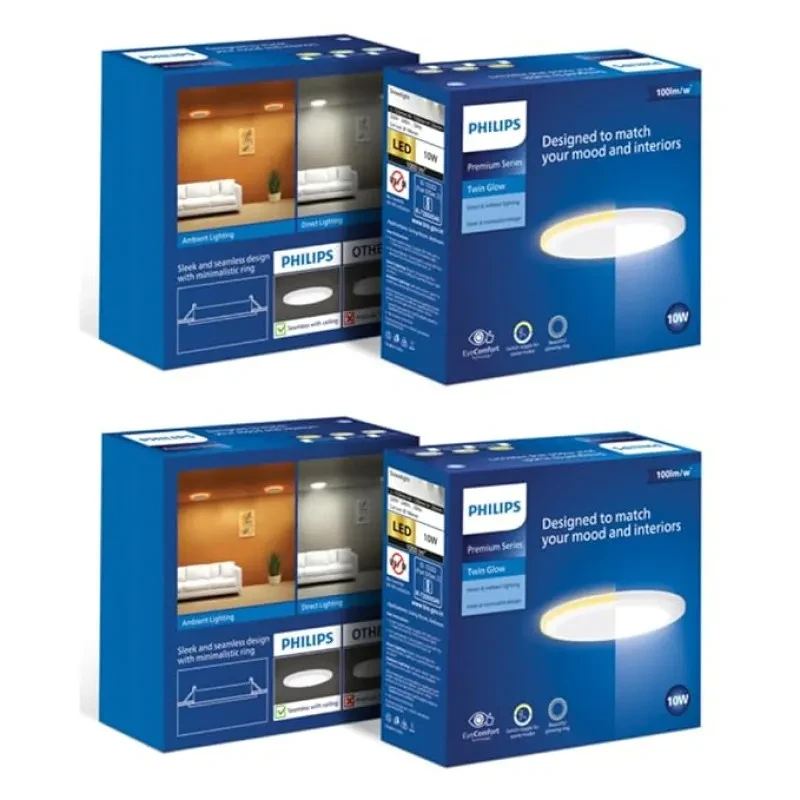 PHILIPS 10-watt Round LED Up-Down Downlighter | Twinglow 10-watt LED Downlighter for Home & Decoration | Colours : Warm White + Natural White, Pack of 2