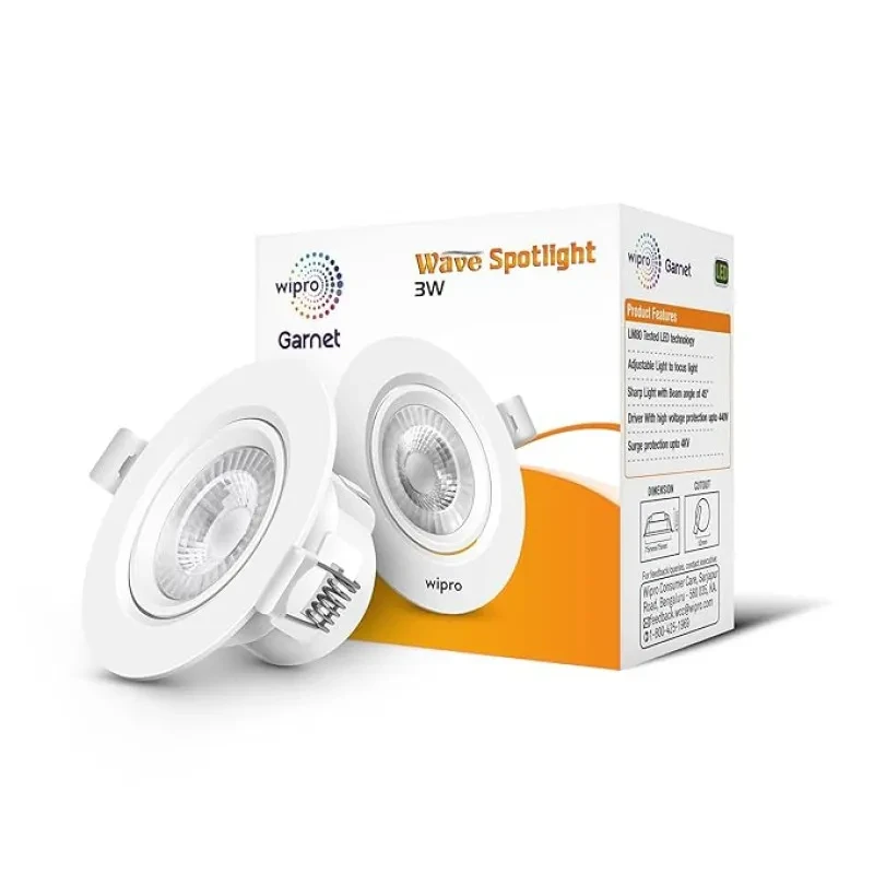 wipro Garnet 3W Round Led Wave Spotlight|Cob Spotlight for Ceiling|Cool White Light (6500K)|Adjustable Design|Recessed Tiltable Downlighter for False Ceiling|Cutout - 60 Mm|Pack of 1,