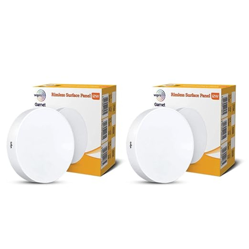 Wipro Polycarbonate Garnet 12W Rimless Round Led Surface Panel|Neutral White Light (4000K)|Elegant Rimless Design for Wider Spread of Light|Surface Mounted Led Down Light for Ceiling|Pack of 2