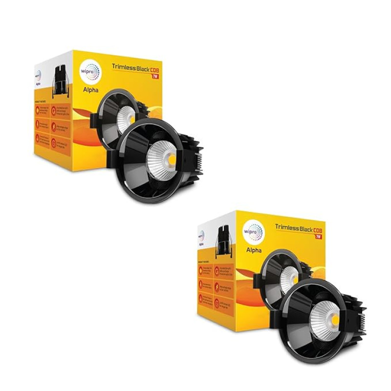 Wipro 7 Watt Alpha Trimless Black COB | Warm White (2700K) | Aluminium PDC Heat Sink | Sharp Beam Angle with Reflector for Home, Office and Store Cabinet Display | Pack of 2