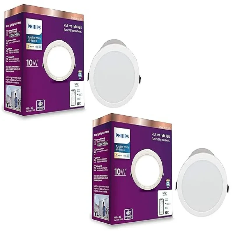 PHILIPS 10 Watts Smart Wi-Fi Flanged Led Ceiling Lamp Downlighter Wiz Connected (Shades of White + Dimmable + Pre-Set Modes) (Compatible with Amazon Alexa and Google Assistant) (Pack of 2) Plastic