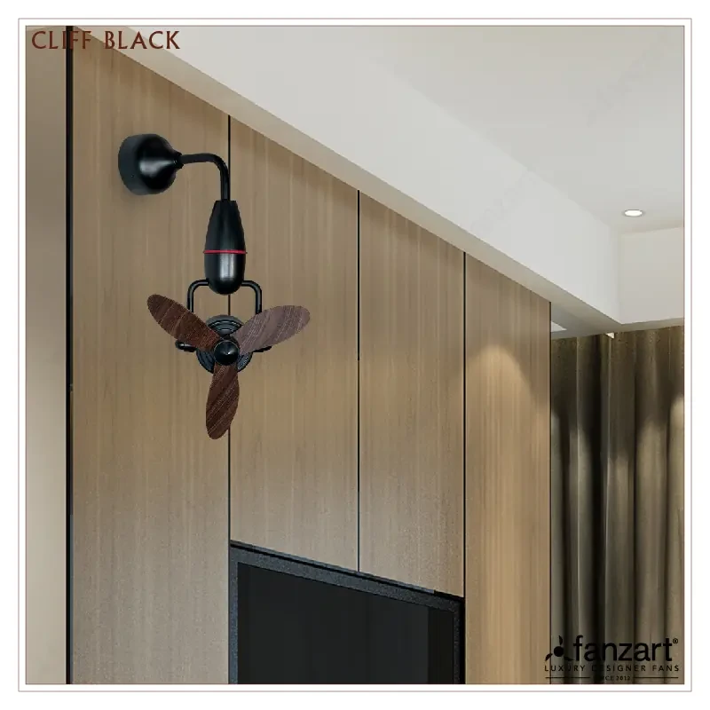 Fanzart Cliff Matte Black - Spica Oak – 16” Wall Mounted fan with 3 x Wooden Finished ABS blades, 90-degree Oscillation, BLDC motor and Remote Control