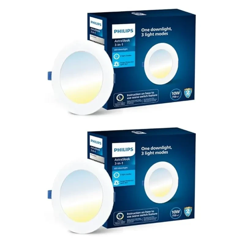 PHILIPS Astra Sleek 10-watt Round LED Downlighter | 3 Colors in 1 Recessed LED Downlight | LED Ceiling Light for Home and Hall | Cut Out: 4.3 inch, Color: Tunable White, Pack of 2