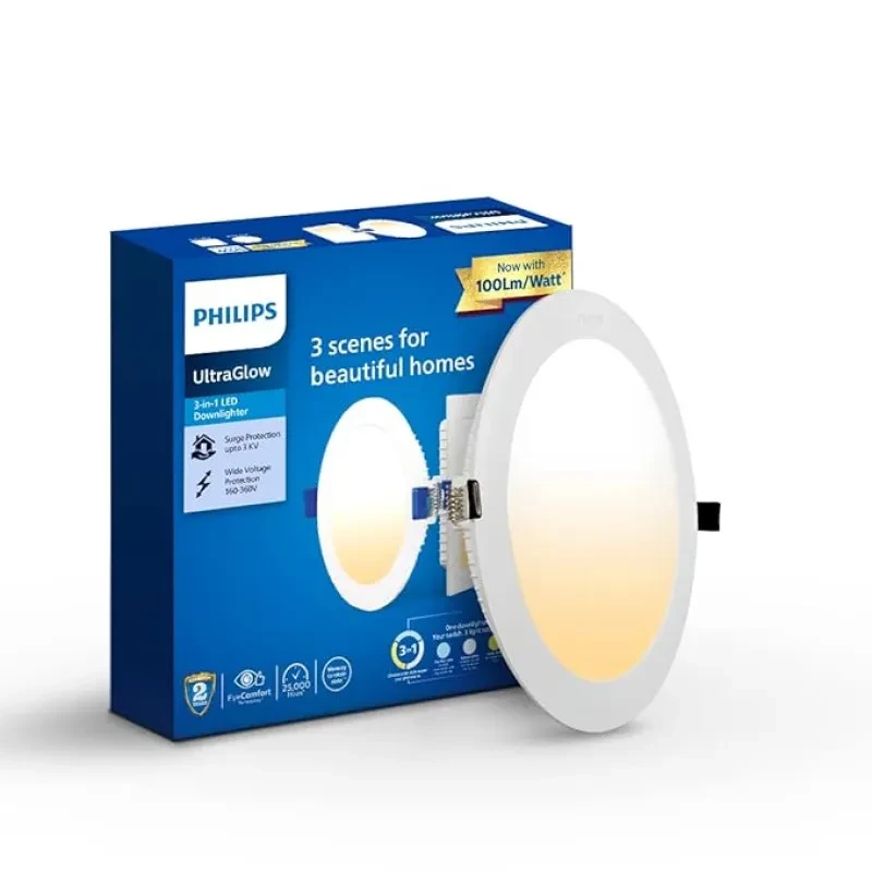 Philips Ultra Glow 15-watt Round LED Downlighter | 3 Colors in 1 Recessed LED Downlight | LED Ceiling Light for Home and Hall | Cut Out: 6 inch, Color: Tunable White, Pack of 1