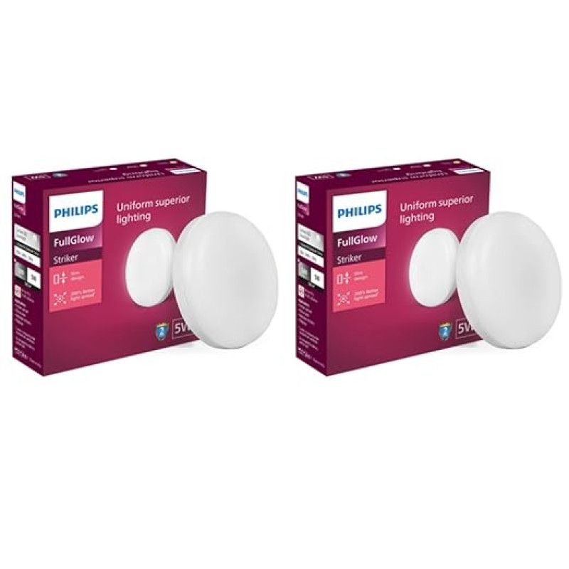 PHILIPS Rimless Full Glow 5-watt Round LED Surface Downlighter | Striker Surface Under Cabinet LED Light for Decoration | Cool Day Light, Pack of 2