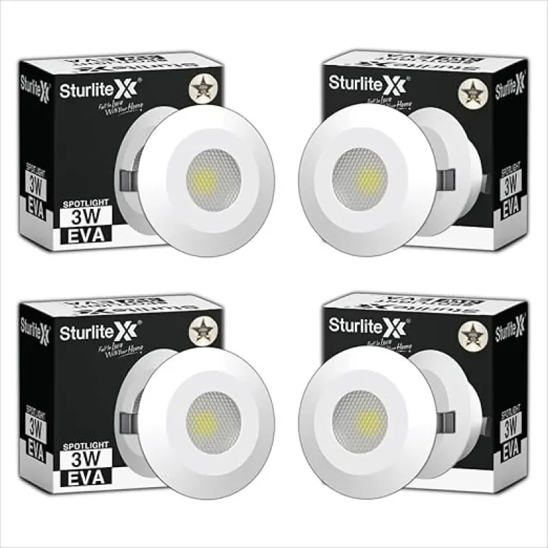 Sturlite Eva 3W LED Spotlight| 3000K Warm White Color Temperature| 36mm-Cutout & Compact Design Ceiling Ligh| CRI Tech With High Voltage Protection Downlight - Pack of 4